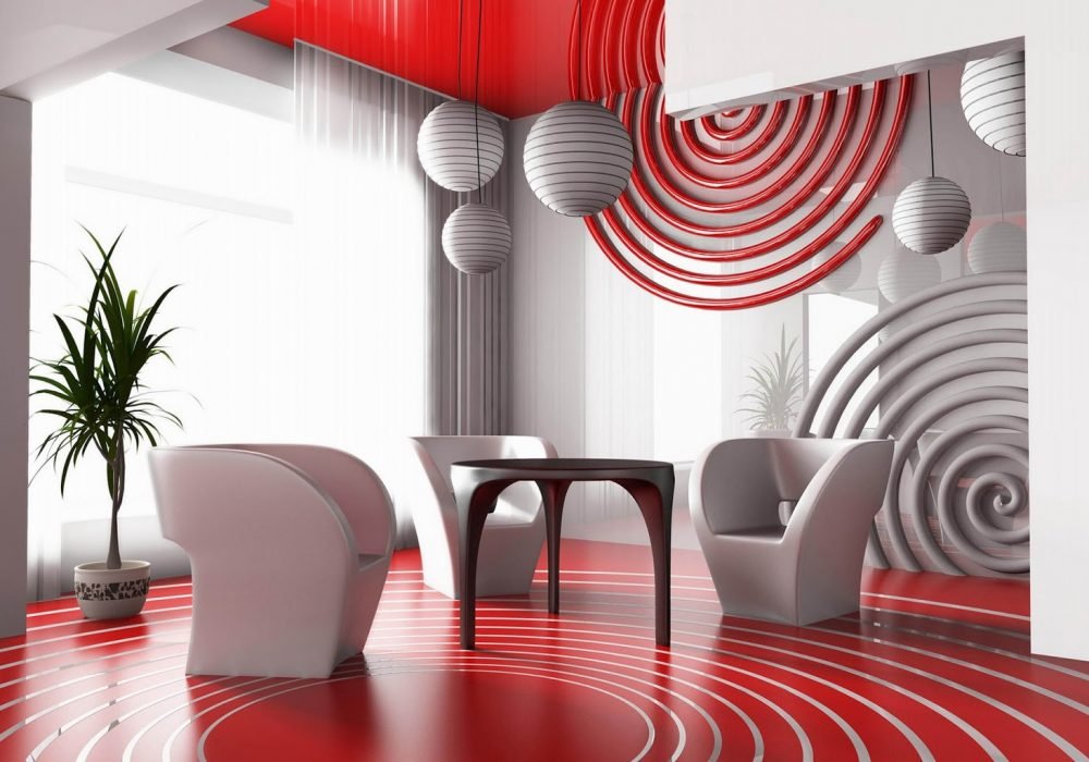 Modern-contemporary-red-white-spiral-theme-living-room-with-epoxy-painted-flooring-three-leg-coffee-table-contemporary-seating-reflected-ceiling-design-ideas